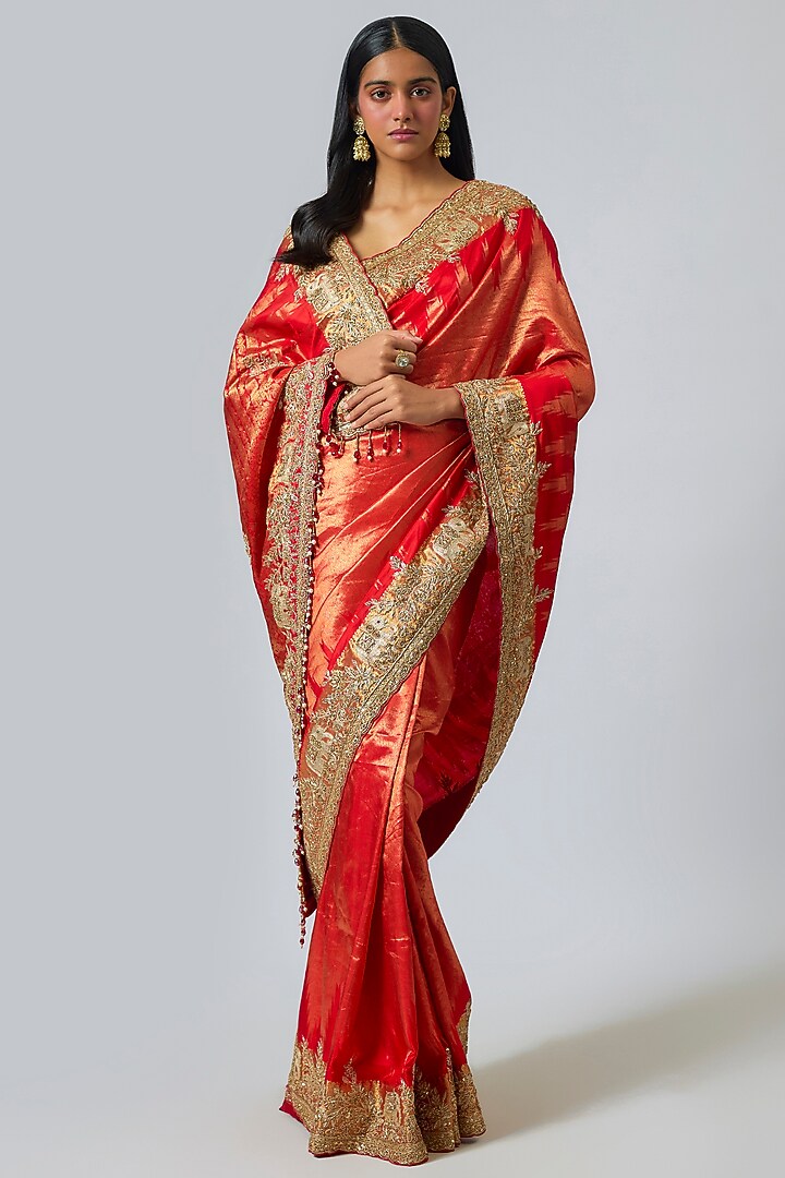 Red Silk Zardosi Work Kanjivaram Reception Saree Set by TATWAMM Couture at Pernia's Pop Up Shop