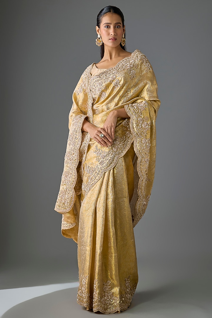 Gold Silk Zardosi Work Brocade Reception Saree Set by TATWAMM Couture at Pernia's Pop Up Shop