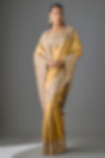 Gold Silk Zardosi Work Kanjivaram Reception Saree Set by TATWAMM Couture at Pernia's Pop Up Shop