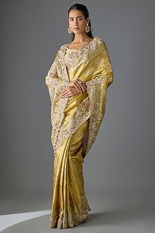 Gold Silk Zardosi Work Kanjivaram Saree Set by TATWAMM By Abhishek & Vinita