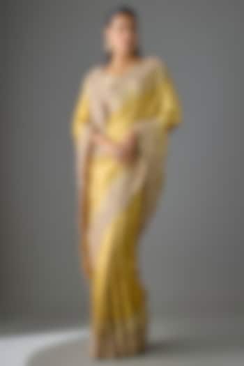 Gold Silk Zardosi Work Kanjivaram Reception Saree Set by TATWAMM Couture at Pernia's Pop Up Shop