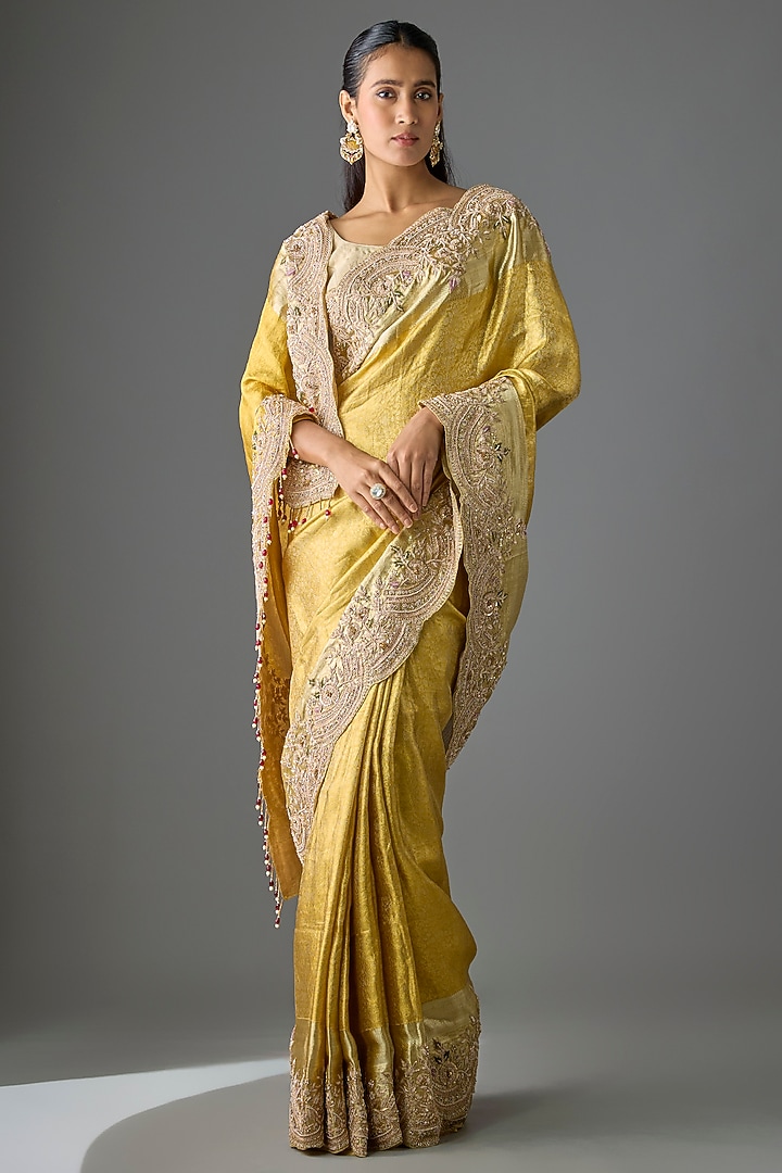 Gold Silk Zardosi Work Kanjivaram Reception Saree Set by TATWAMM Couture at Pernia's Pop Up Shop