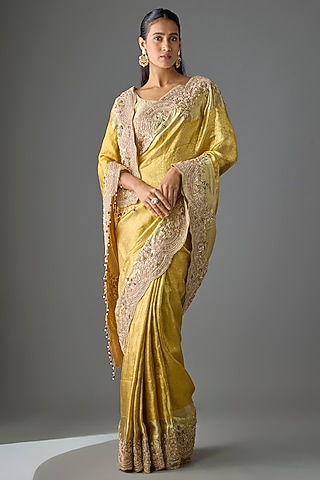 Gold Silk Zardosi Work Kanjivaram Saree Set by TATWAMM By Abhishek & Vinita