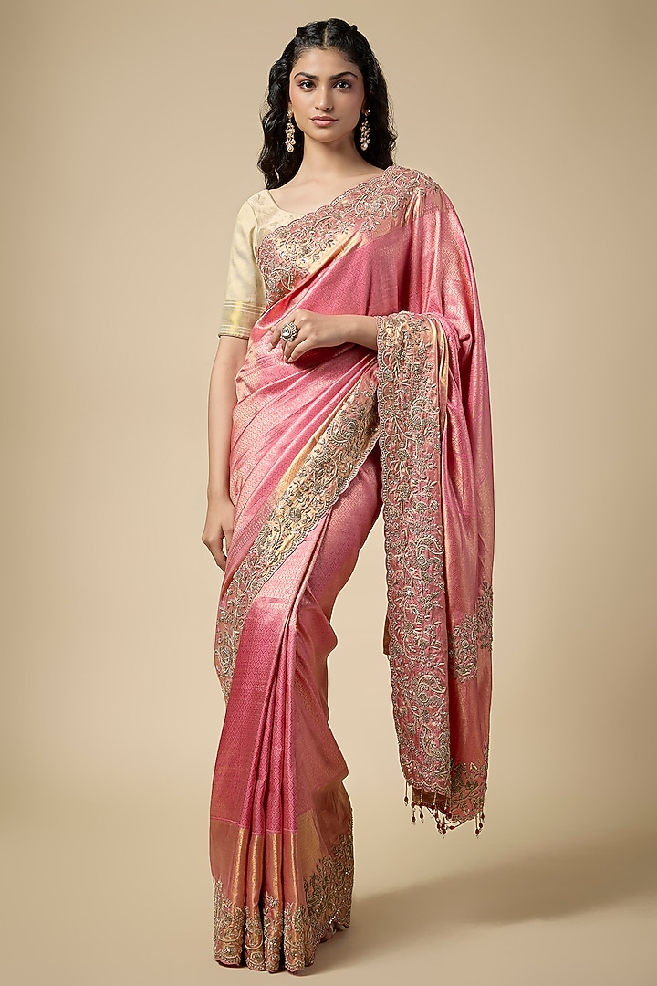 Pink Kanjivaram Zardosi Work Reception Saree Set by TATWAMM By Abhishek & Vinita at Pernia's Pop Up Shop
