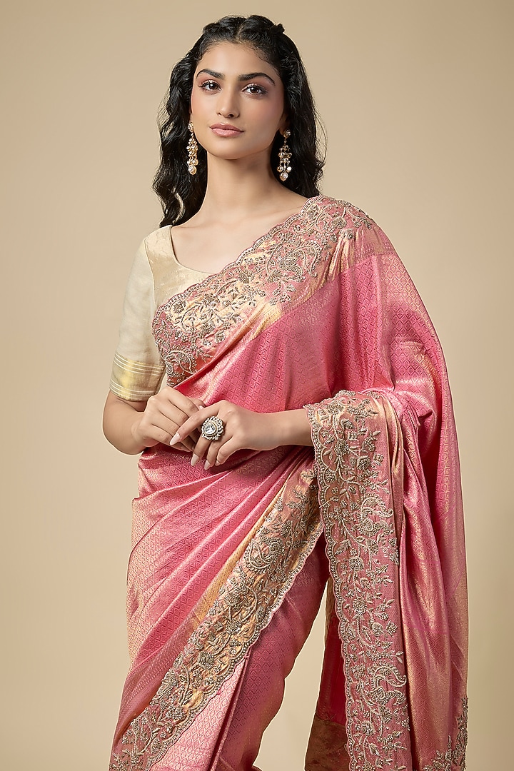 Pink Kanjivaram Zardosi Work Reception Saree Set by TATWAMM By Abhishek & Vinita at Pernia's Pop Up Shop