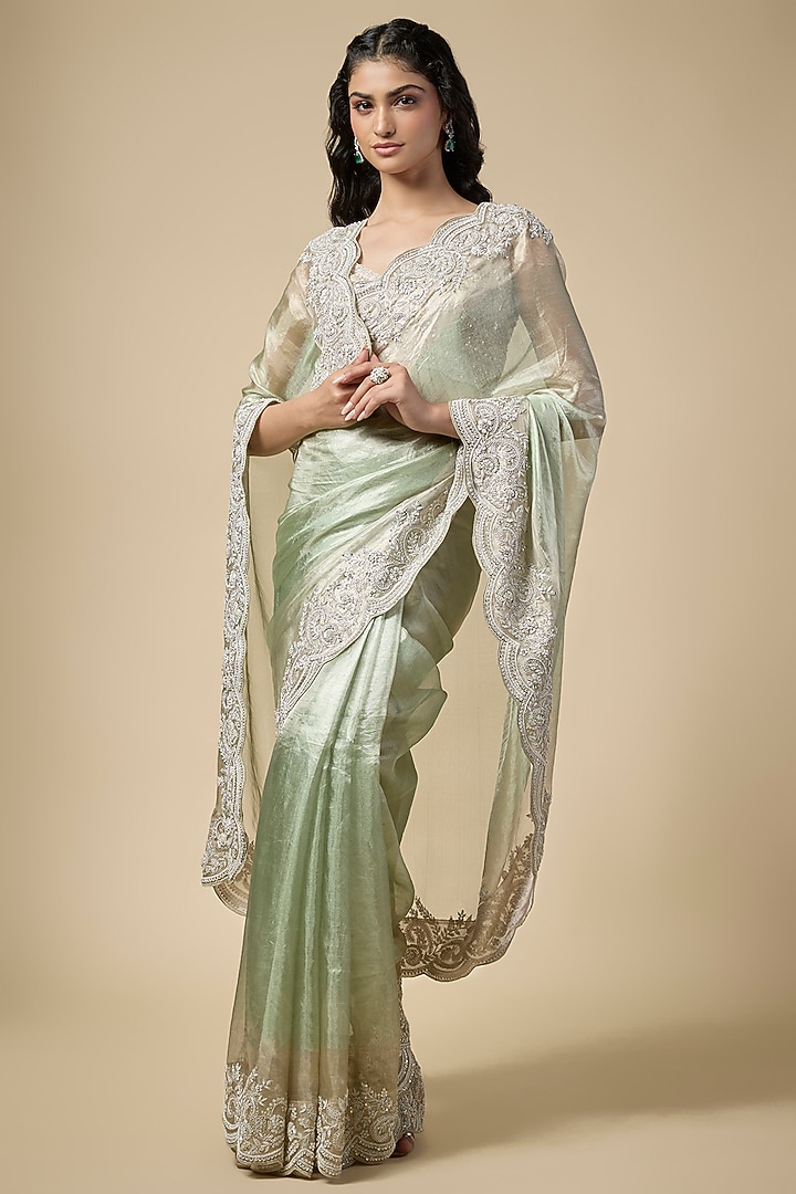 Green Tissue Reception Saree Set by TATWAMM Couture at Pernia's Pop Up Shop