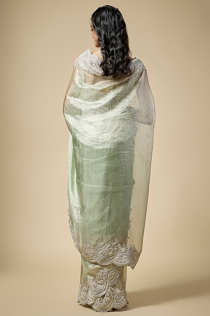 Green Tissue Reception Saree Set by TATWAMM By Abhishek & Vinita at Pernia's Pop Up Shop