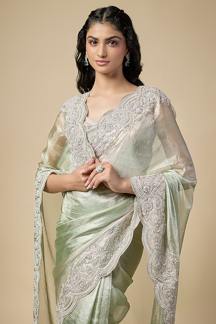 Green Tissue Reception Saree Set by TATWAMM By Abhishek & Vinita at Pernia's Pop Up Shop