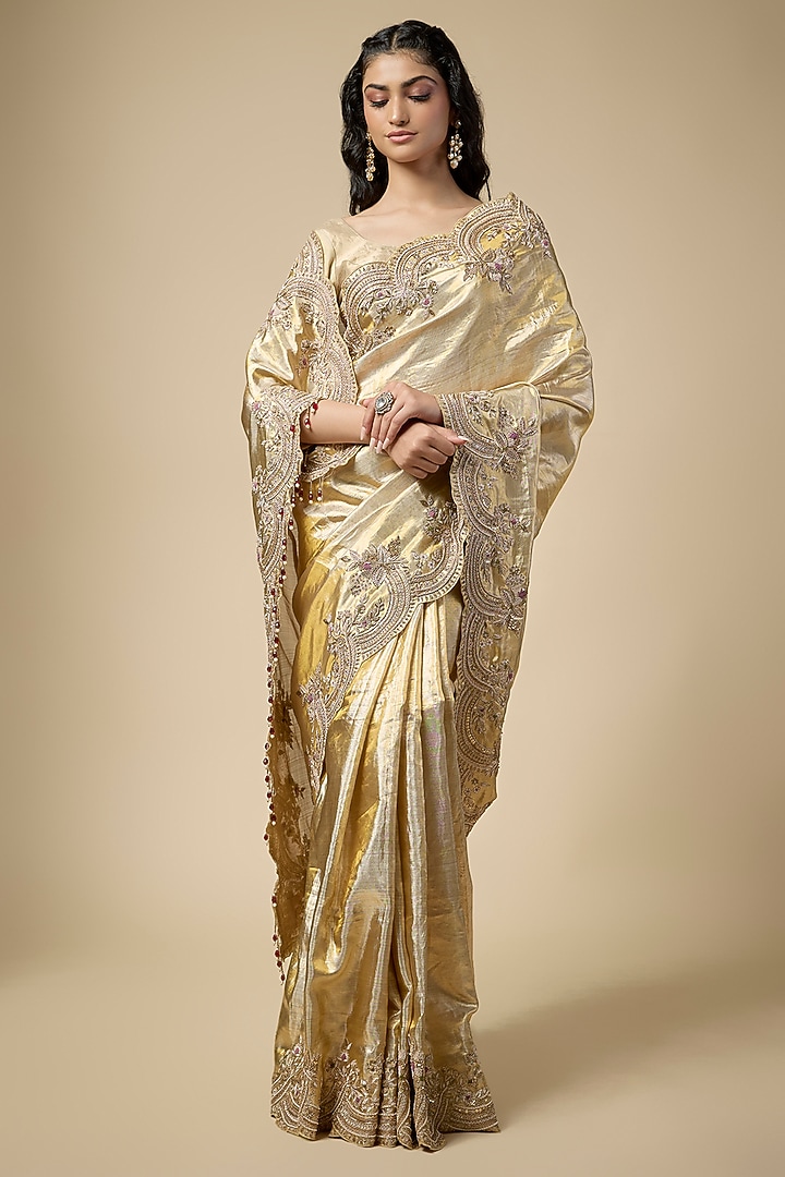 Gold Tissue Zardosi Work Reception Saree Set by TATWAMM Couture at Pernia's Pop Up Shop