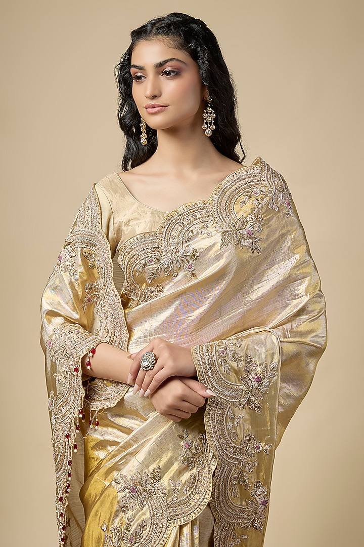 Gold Tissue Zardosi Work Reception Saree Set by TATWAMM By Abhishek & Vinita at Pernia's Pop Up Shop