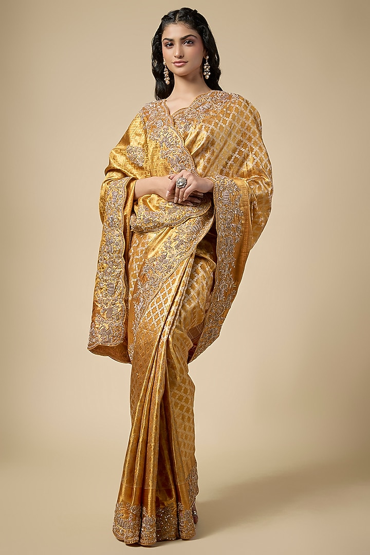 Gold Kanjivaram Zardosi Work Reception Saree Set by TATWAMM Couture at Pernia's Pop Up Shop