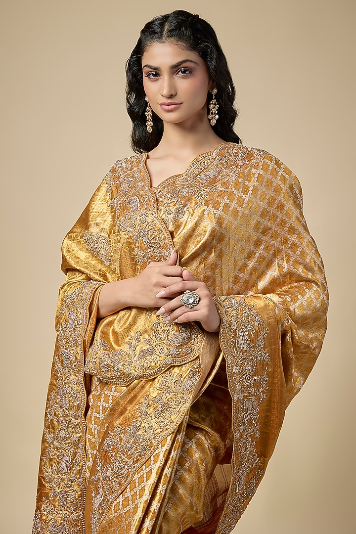 Gold Kanjivaram Zardosi Work Reception Saree Set by TATWAMM By Abhishek & Vinita at Pernia's Pop Up Shop