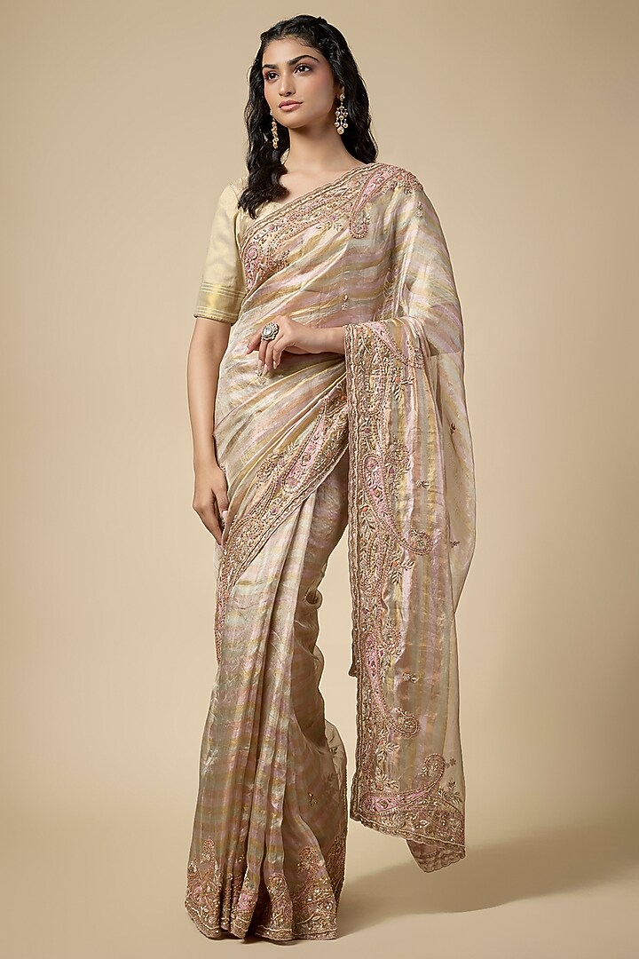 Gold Tissue Zardosi Work Reception Saree Set by TATWAMM By Abhishek & Vinita at Pernia's Pop Up Shop