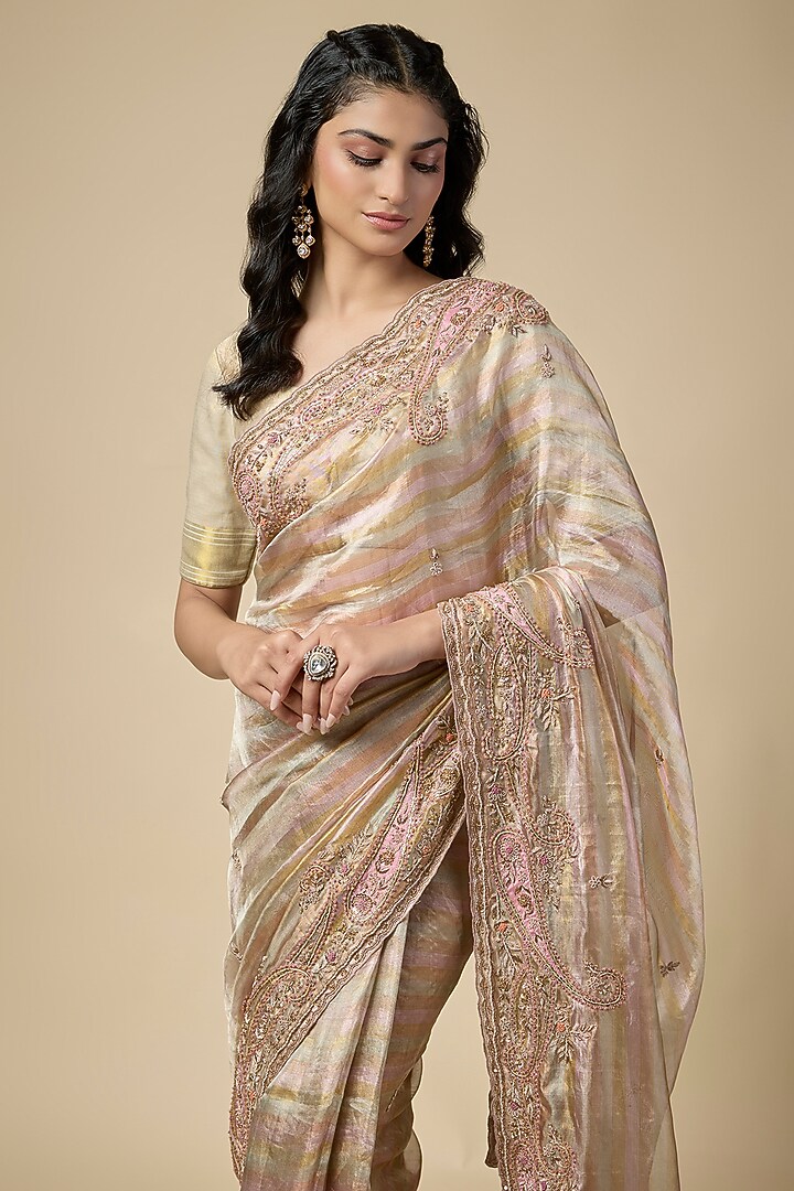 Gold Tissue Zardosi Work Reception Saree Set by TATWAMM By Abhishek & Vinita at Pernia's Pop Up Shop