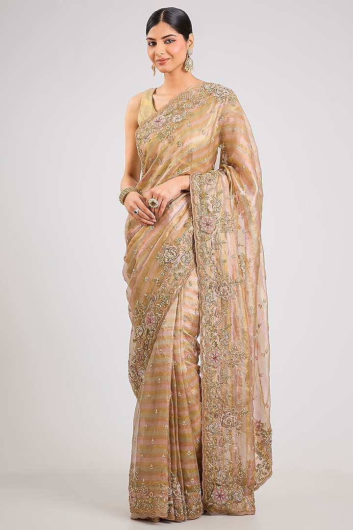 Beige Tissue Silk Bridal Saree by TATWAMM By Abhishek & Vinita at Pernia's Pop Up Shop
