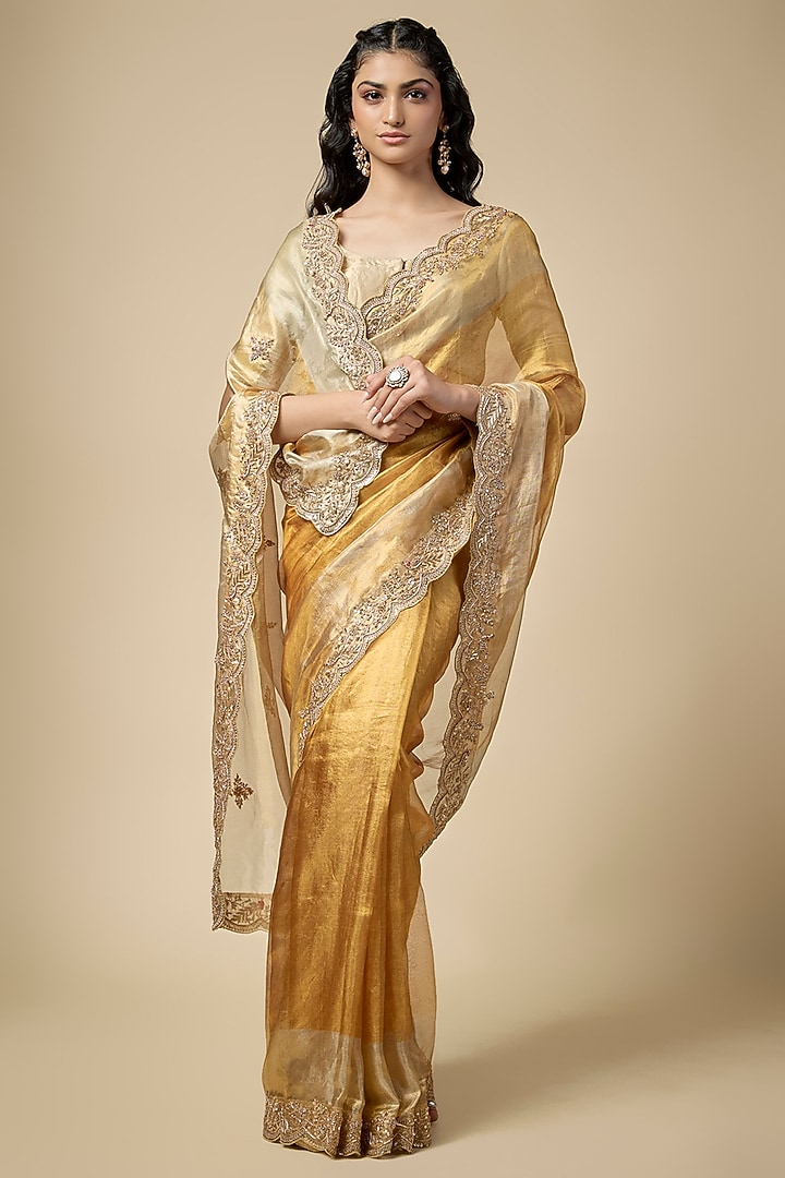 Gold Kanjivaram Zardosi Work Wedding Saree Set by TATWAMM Couture at Pernia's Pop Up Shop