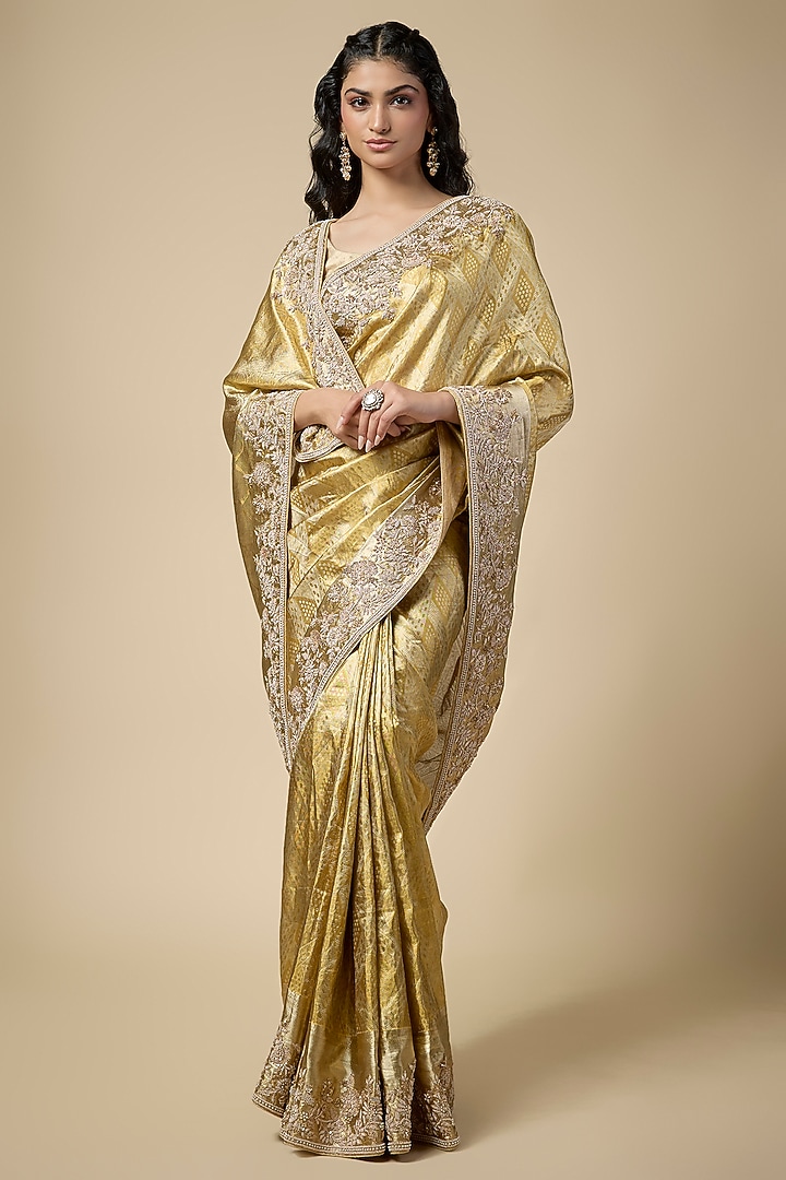 Gold Kanjivaram Zardosi Work Reception Saree Set by TATWAMM Couture at Pernia's Pop Up Shop