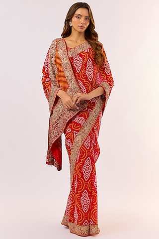 Red Georgette Zardosi Work Bandhani Saree Set by TATWAMM By Abhishek & Vinita
