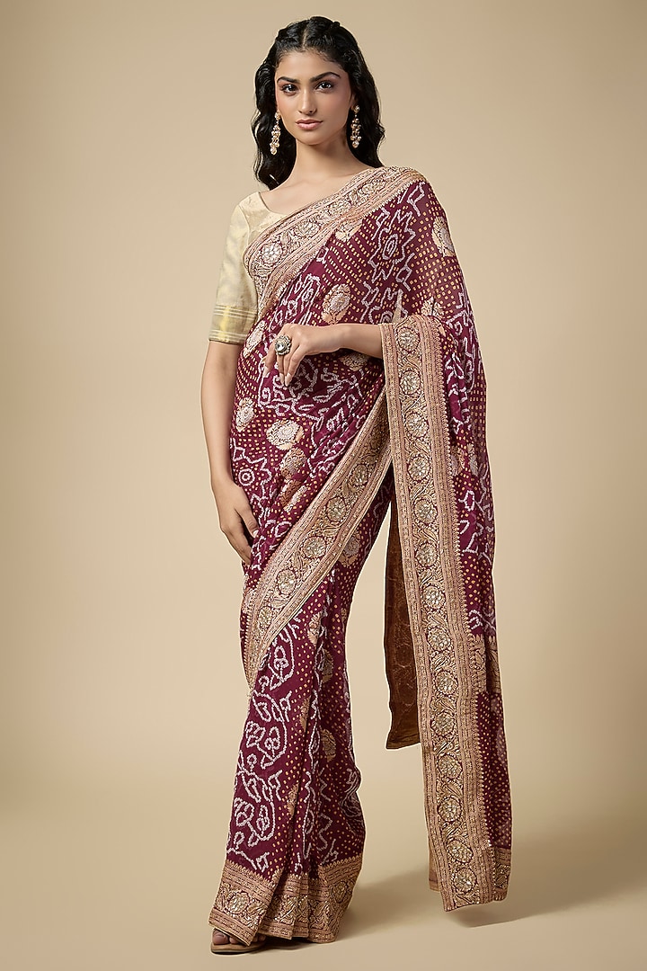Pink Bandhani Zardosi Work Wedding Saree Set by TATWAMM By Abhishek & Vinita at Pernia's Pop Up Shop
