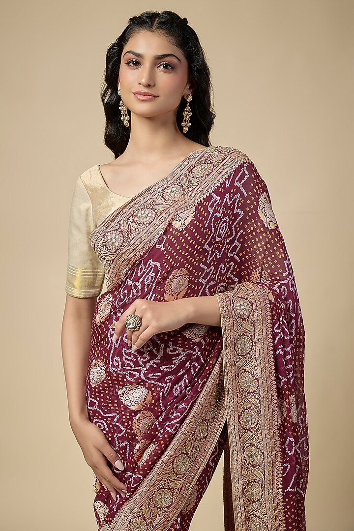 Pink Bandhani Zardosi Work Wedding Saree Set by TATWAMM By Abhishek & Vinita at Pernia's Pop Up Shop