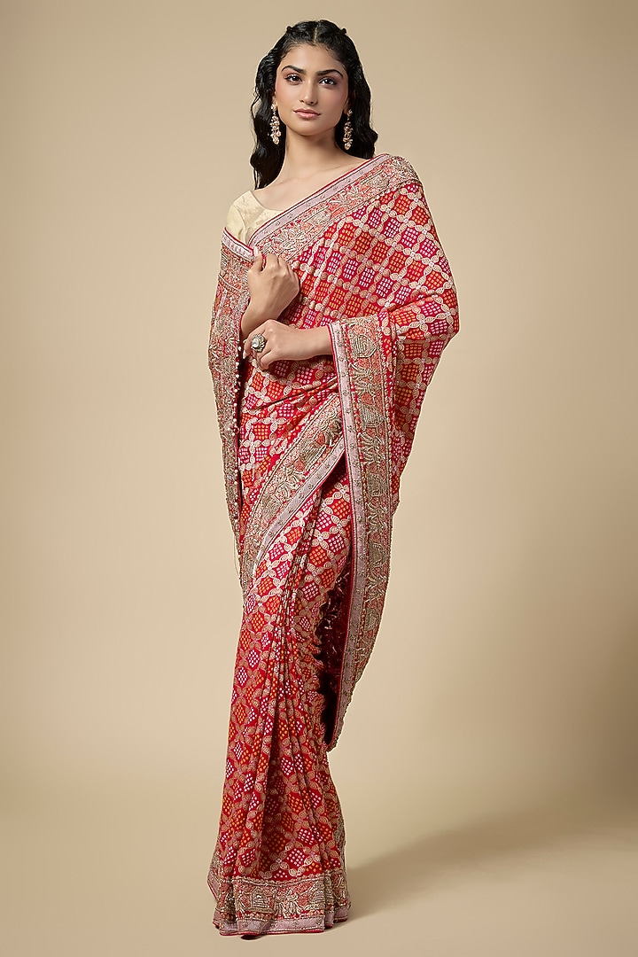 Red Bandhani Zardosi Work Reception Saree Set by TATWAMM Couture at Pernia's Pop Up Shop