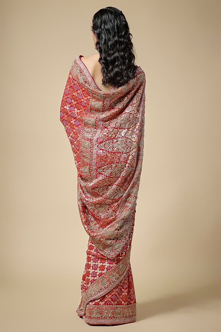 Red Bandhani Zardosi Work Reception Saree Set by TATWAMM By Abhishek & Vinita at Pernia's Pop Up Shop