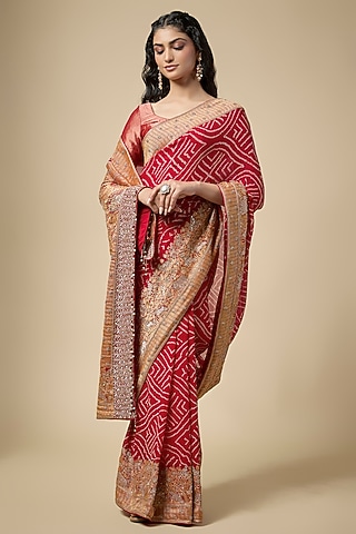 Red Bandhani Zardosi Work Saree Set by TATWAMM By Abhishek & Vinita