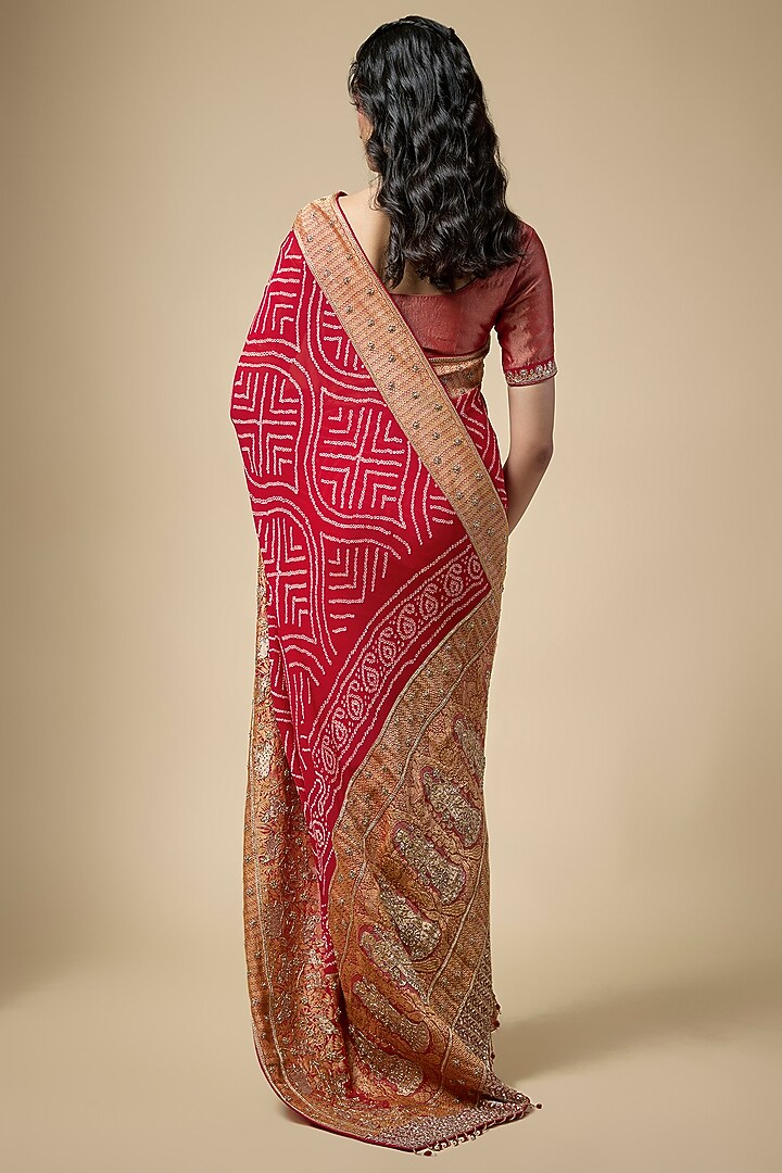 Red Bandhani Zardosi Work Reception Saree Set by TATWAMM By Abhishek & Vinita at Pernia's Pop Up Shop