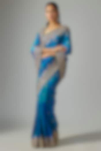 Blue Silk Reception Saree  by TATWAMM By Abhishek & Vinita at Pernia's Pop Up Shop