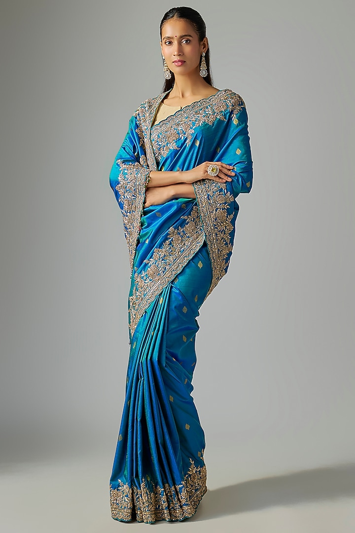 Blue Silk Reception Saree  by TATWAMM By Abhishek & Vinita at Pernia's Pop Up Shop