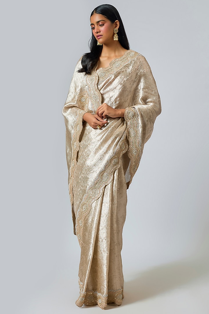 Silver Silk Zardosi Work Brocade Wedding Saree Set by TATWAMM Couture at Pernia's Pop Up Shop
