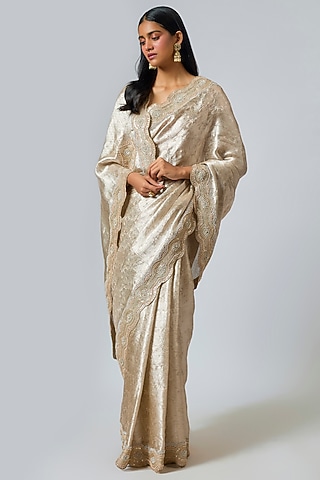 Silver Silk Zardosi Work Brocade Saree Set by TATWAMM By Abhishek & Vinita