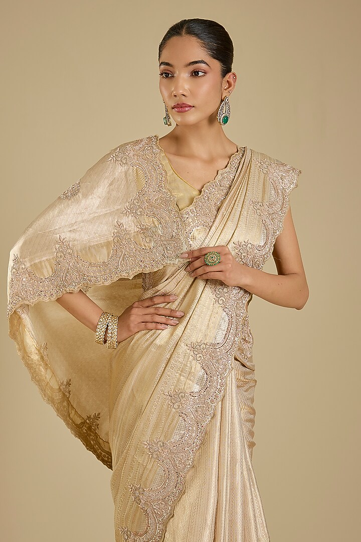 Golden Banarasi Tissue Reception Saree Set by TATWAMM By Abhishek & Vinita at Pernia's Pop Up Shop