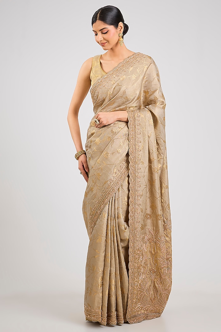 Beige Banarasi Silk Tissue Reception Saree by TATWAMM By Abhishek & Vinita at Pernia's Pop Up Shop