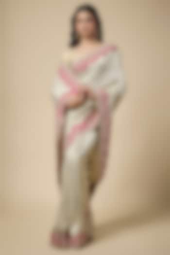 Ivory Banarasi Georgette Zardosi Work Reception Saree Set by TATWAMM Couture at Pernia's Pop Up Shop