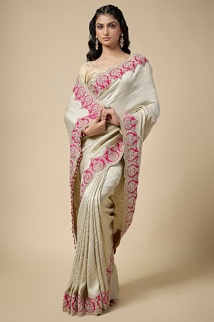 Ivory Banarasi Georgette Zardosi Work Reception Saree Set by TATWAMM Couture at Pernia's Pop Up Shop
