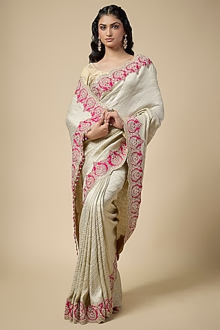 Ivory Banarasi Georgette Zardosi Work Saree Set by TATWAMM By Abhishek & Vinita