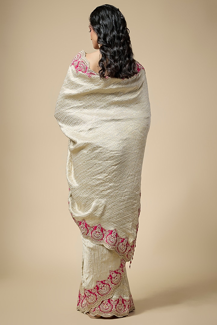 Ivory Banarasi Georgette Zardosi Work Reception Saree Set by TATWAMM By Abhishek & Vinita at Pernia's Pop Up Shop