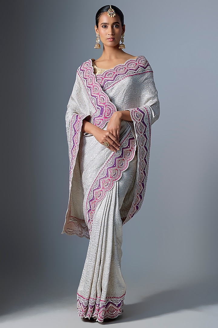 Ivory Banarasi Georgette Reception Saree by TATWAMM By Abhishek & Vinita at Pernia's Pop Up Shop
