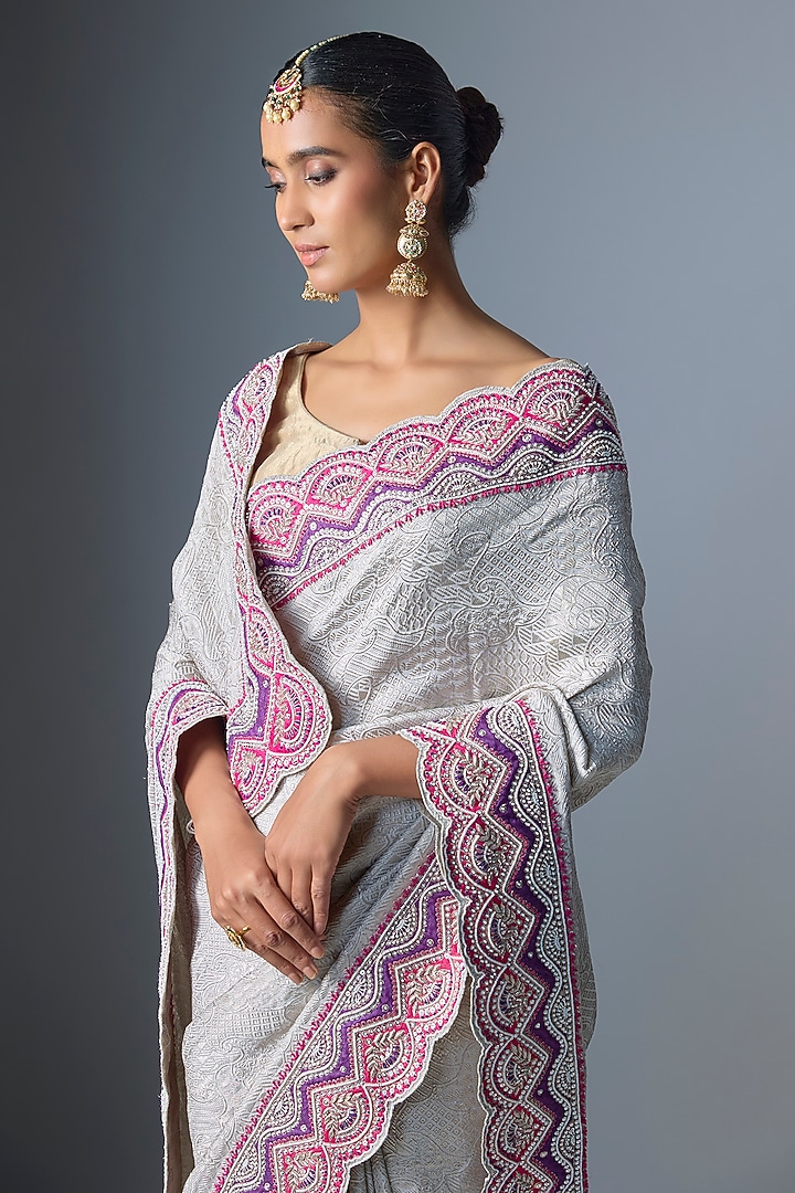 Ivory Banarasi Georgette Reception Saree by TATWAMM By Abhishek & Vinita at Pernia's Pop Up Shop