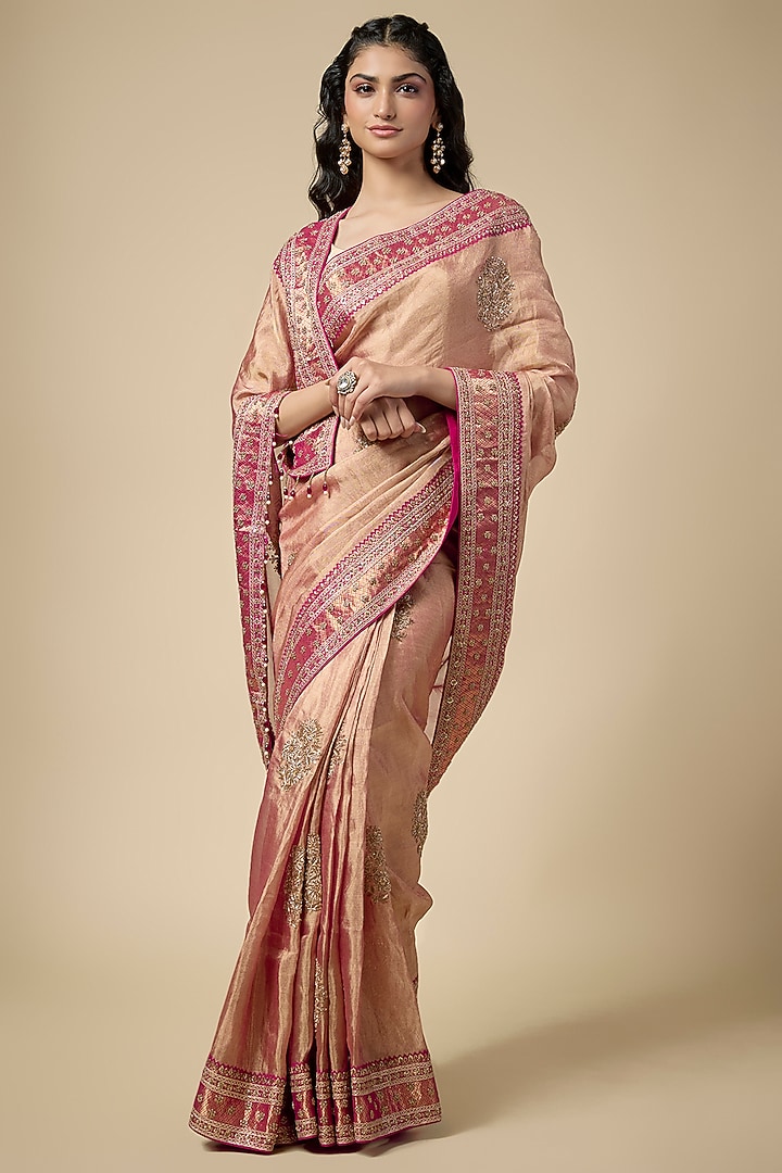 Pink Tissue Zardosi Work Wedding Saree Set by TATWAMM Couture at Pernia's Pop Up Shop