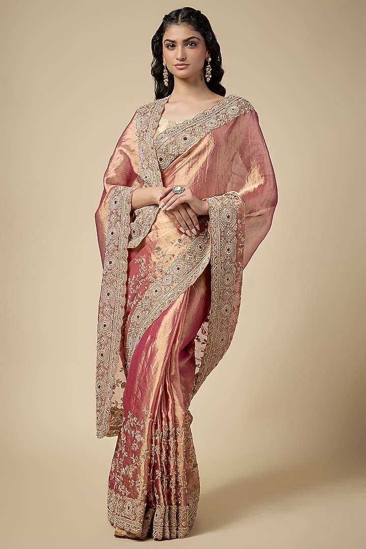 Pink Tissue Zardosi Work Reception Saree Set by TATWAMM Couture at Pernia's Pop Up Shop