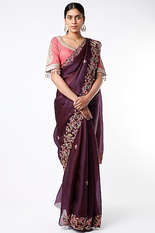 Royal Wine Saree Set With Zardosi Work by TATWAMM By Abhishek & Vinita