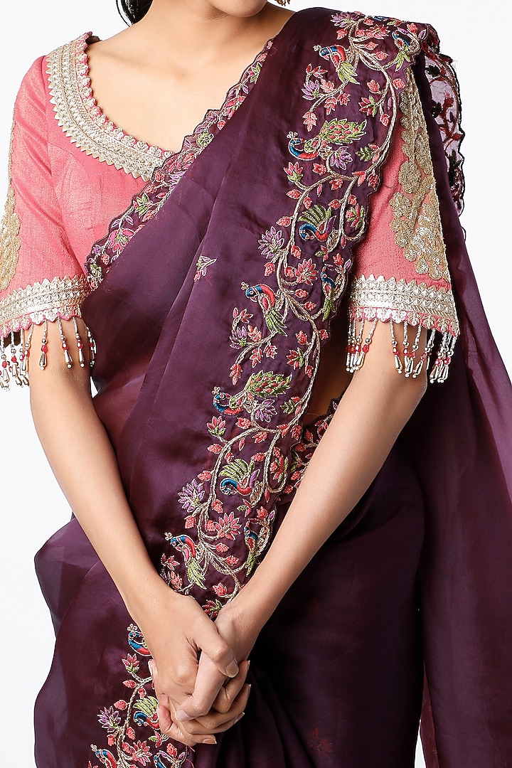 Royal Wine Wedding Saree Set With Zardosi Work by TATWAMM By Abhishek & Vinita at Pernia's Pop Up Shop