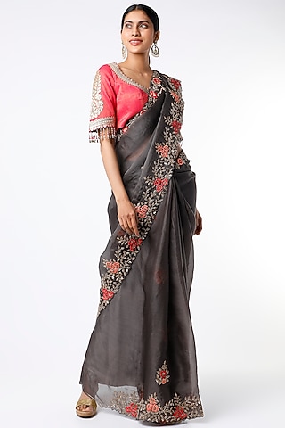 Ash Grey Saree Set With Zardosi Work by TATWAMM By Abhishek & Vinita