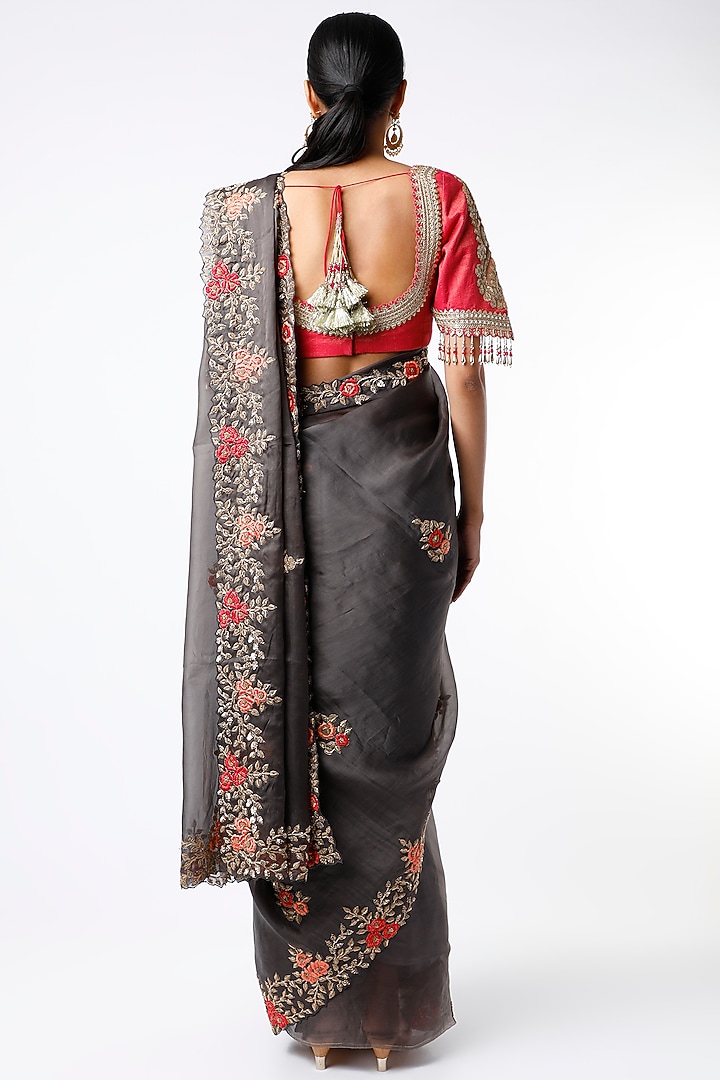 Ash Grey Wedding Saree Set With Zardosi Work by TATWAMM By Abhishek & Vinita at Pernia's Pop Up Shop