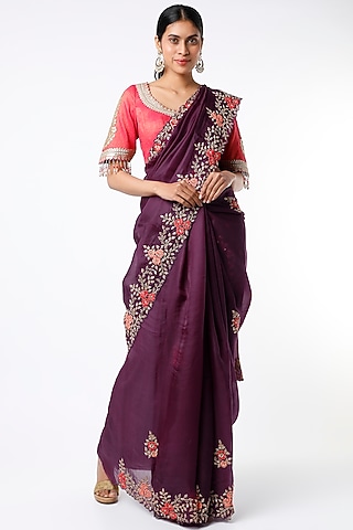 Royal Wine Satin Silk Saree Set With Zardosi Work by TATWAMM By Abhishek & Vinita