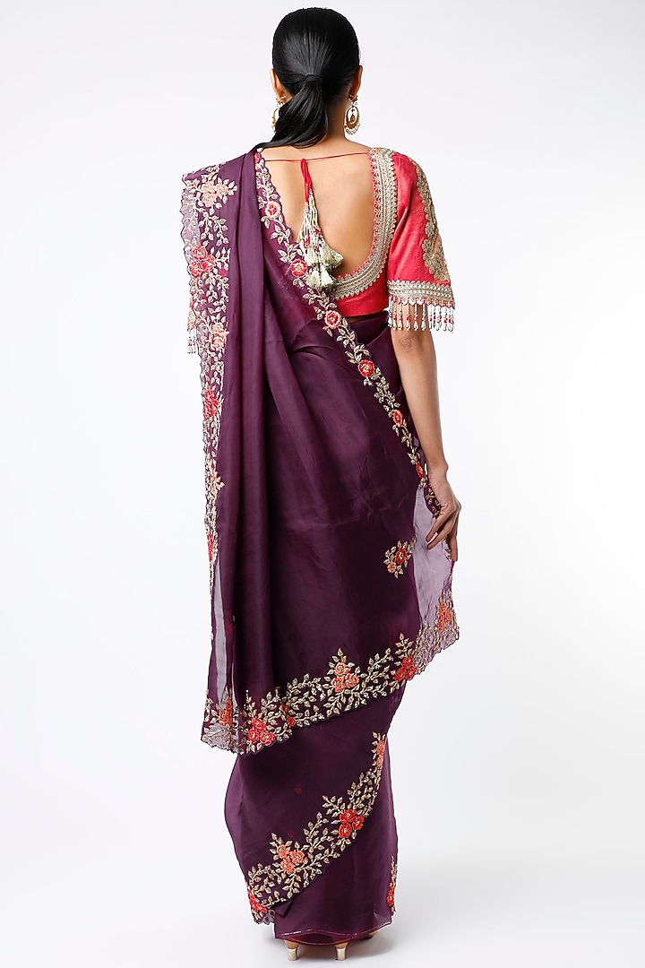 Royal Wine Satin Silk Wedding Saree Set With Zardosi Work by TATWAMM By Abhishek & Vinita at Pernia's Pop Up Shop