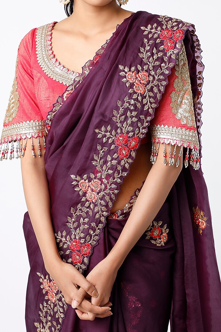 Royal Wine Satin Silk Wedding Saree Set With Zardosi Work by TATWAMM By Abhishek & Vinita at Pernia's Pop Up Shop