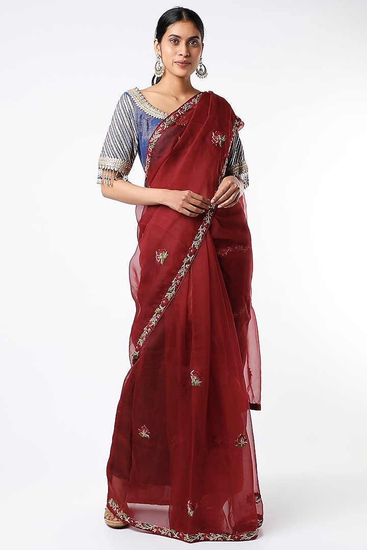 Crimson Red Saree Set With Thread Work by TATWAMM Couture